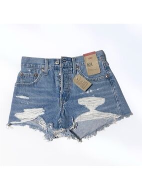 LEVI’S Shorts NWT 501 High Rise Ripped Button Fly In Quiet Riot Blue Size 24